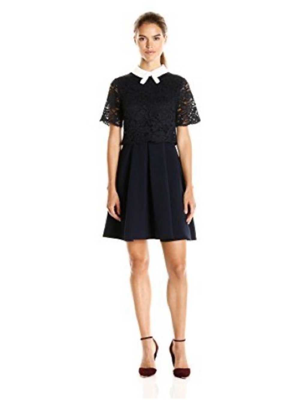 Ted Baker “Dixxy” Black Lace Fit-and-Flare Dress with White Collar